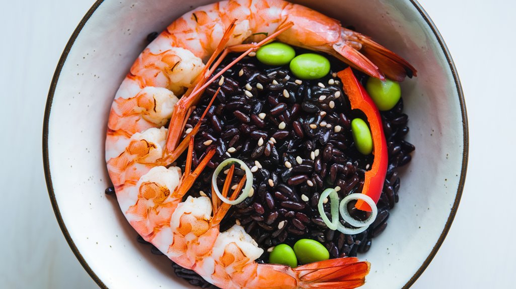 shrimp served with black rice